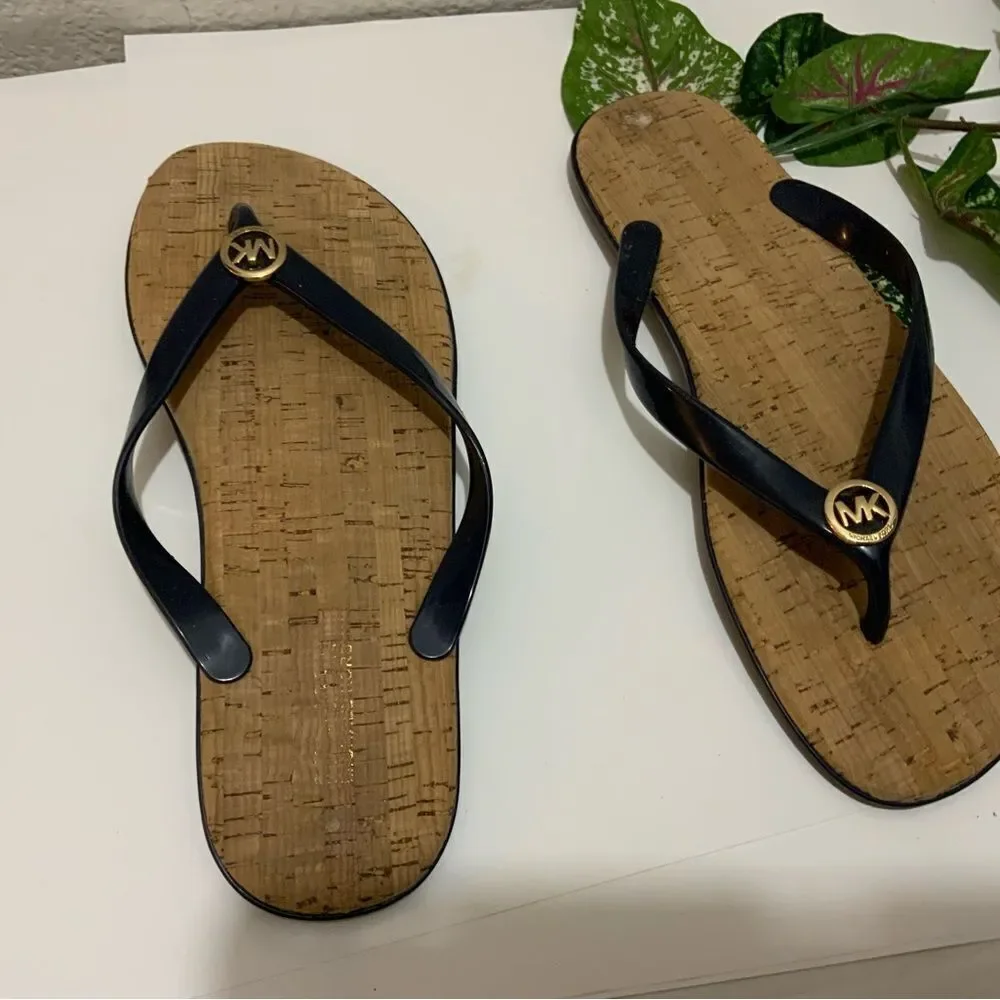 Michael Kors Cork Sandals MK Logo Navy PVC Thong Jet Set Flip Flops Sz. 10